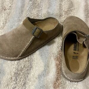 Birkenstock Taupe Suede Buckle Clogs